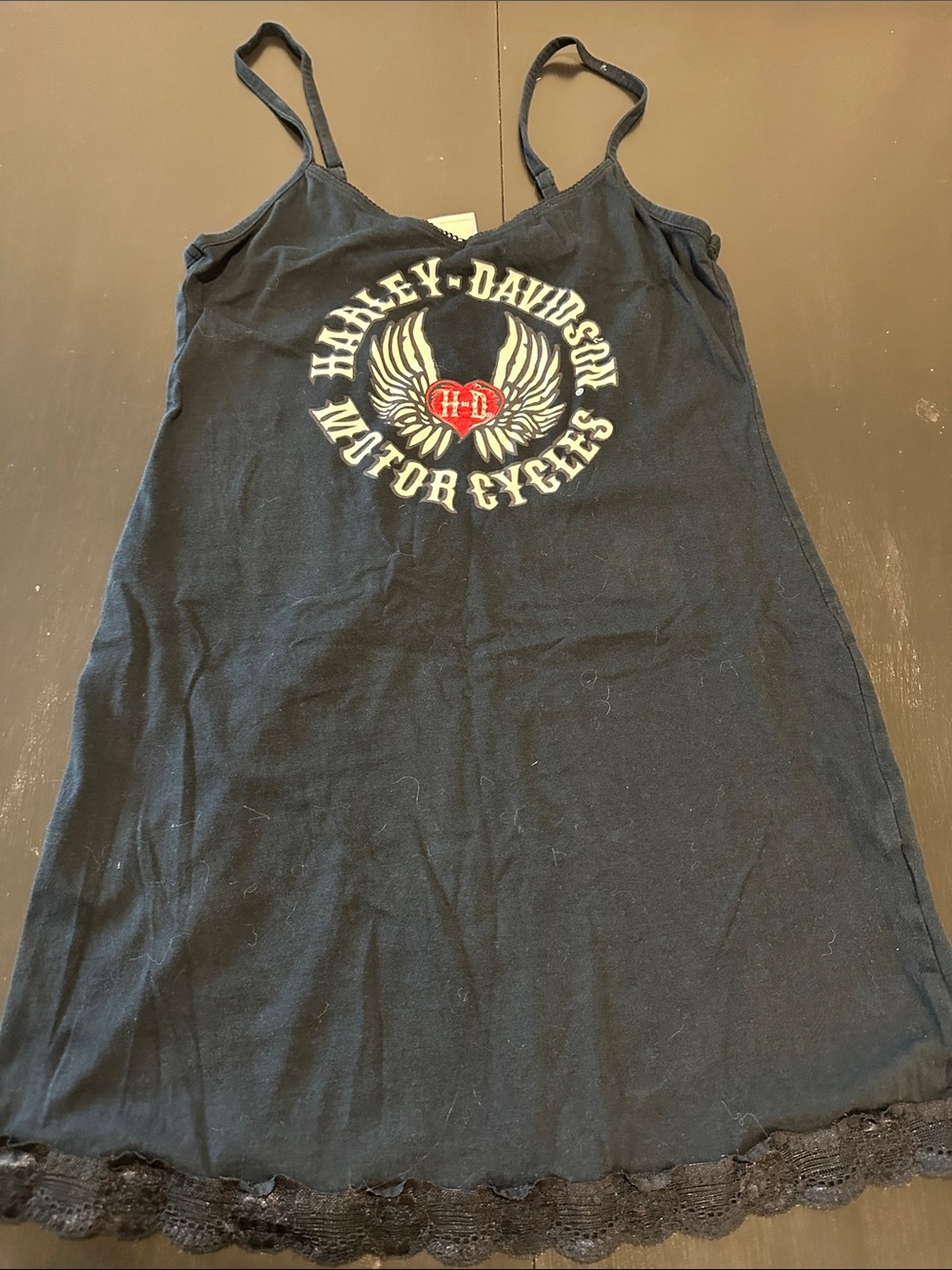 Harley-Davidson Black Slip Dress with Red Heart and White Wing Graphic